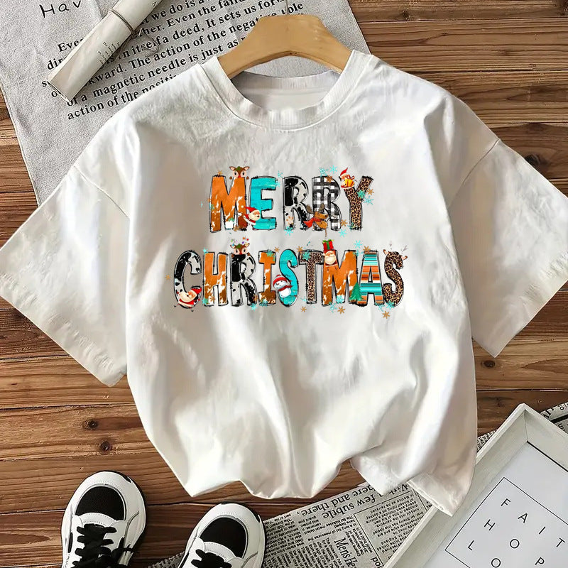 Cotton Women's Short Sleeve Fashion Style Top American Christmas Letter New Arrival