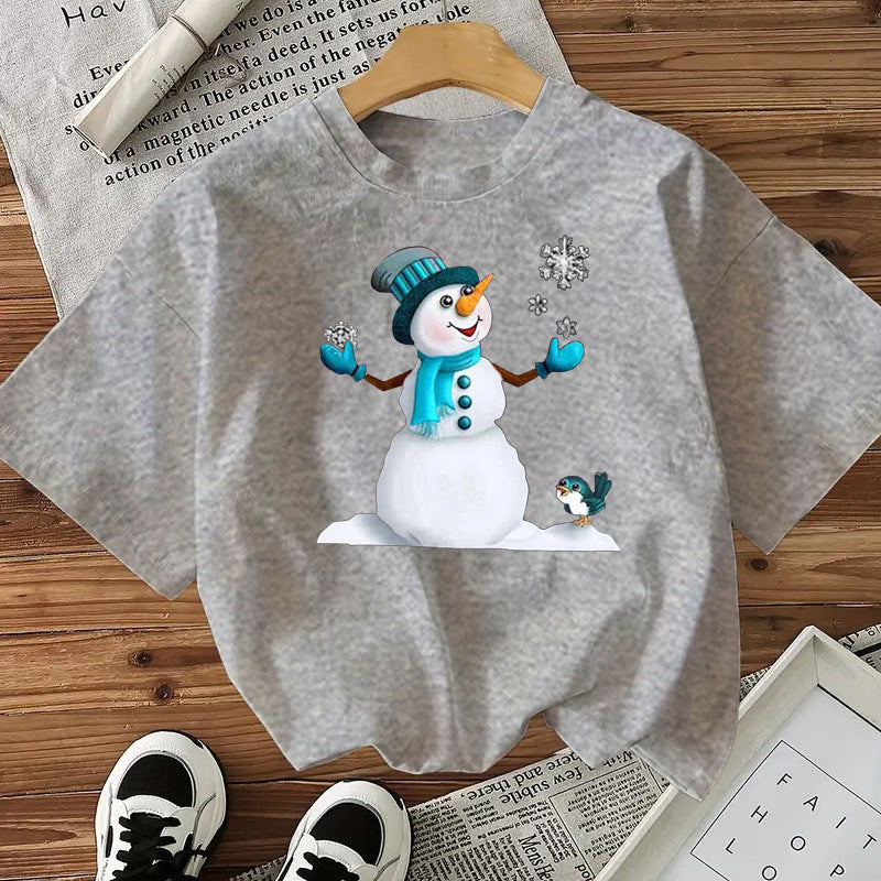 Snowman Cotton Women's Short Sleeve Fashion Style Top American Christmas New Arrival